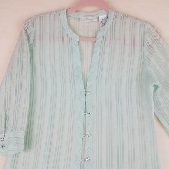 JH Collectibles Womens Blouse S Green Stripe 3/4 Sleeve Semi Sheer Button Shirt - Picture 3 of 10